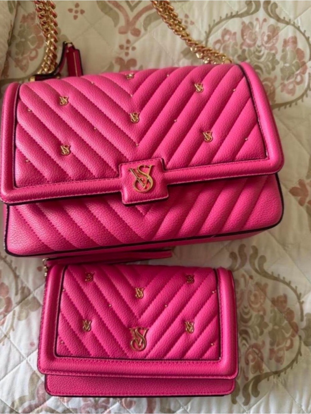 Victoria K Hot Pink Quilted Chain Crossbody Bag Duo